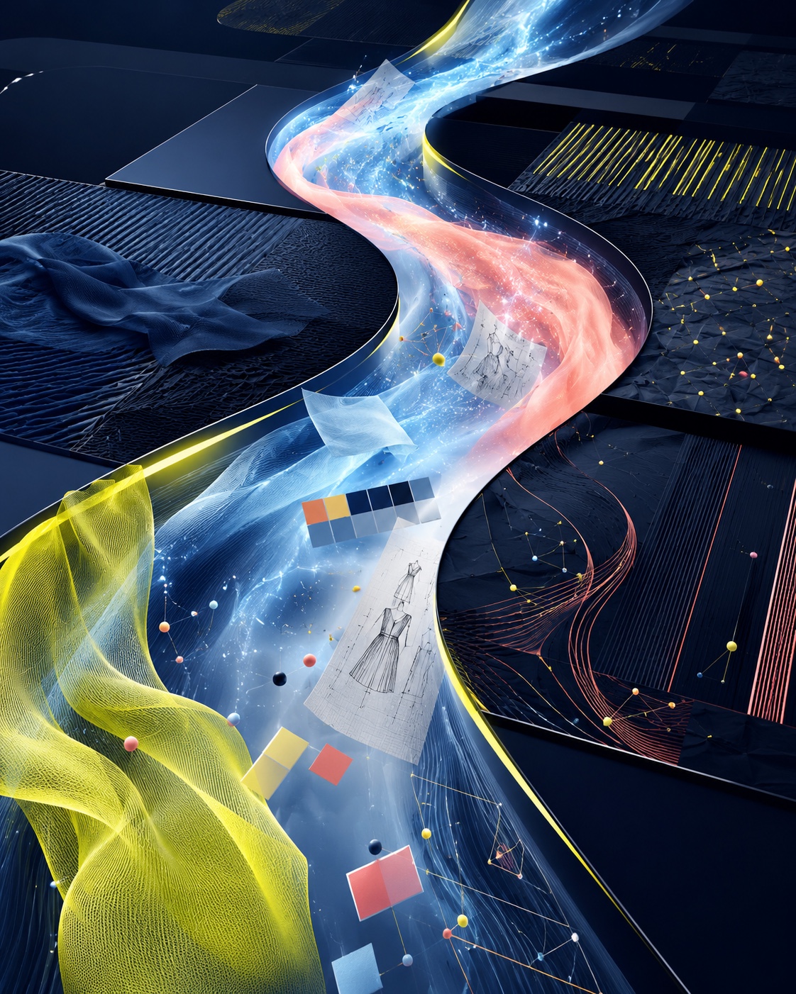 Abstract Flume and Field visual showing creative workflow and fashion context